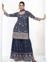 Dark Blue Premium Chinon Silk Sharara Suit